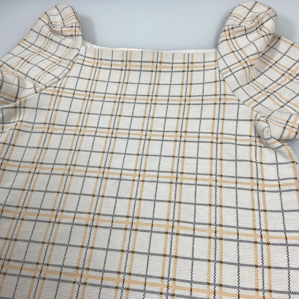Ann Taylor‎ Women Small White Tan Plaid Square Neck Puff Sleeve Top Excellent